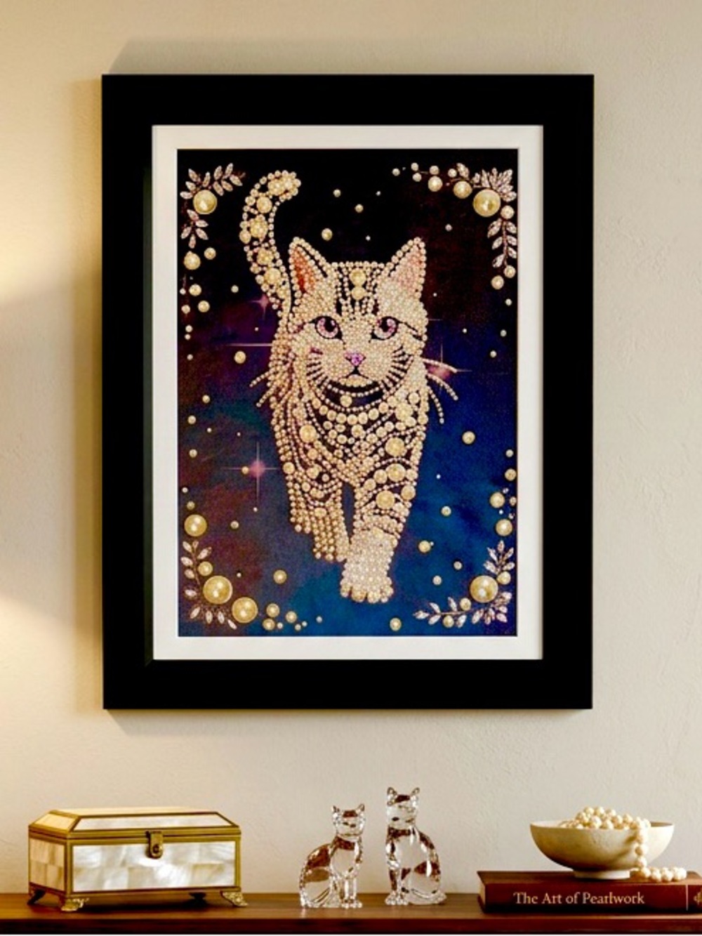 Framed Pearl Cat Wall Art | Crystal Embellished Mixed Media | 18” x 14” - Picture 4 of 10